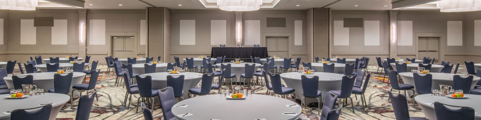 The image shows a large conference room with round tables and blue chairs arranged in a formal setting. There are chandeliers and a colorful carpet.