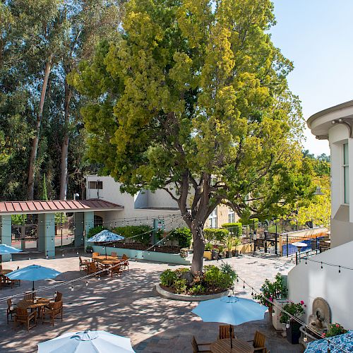 The image shows an outdoor courtyard with tables, chairs, umbrellas, trees, buildings, and a picturesque setting on a sunny day.