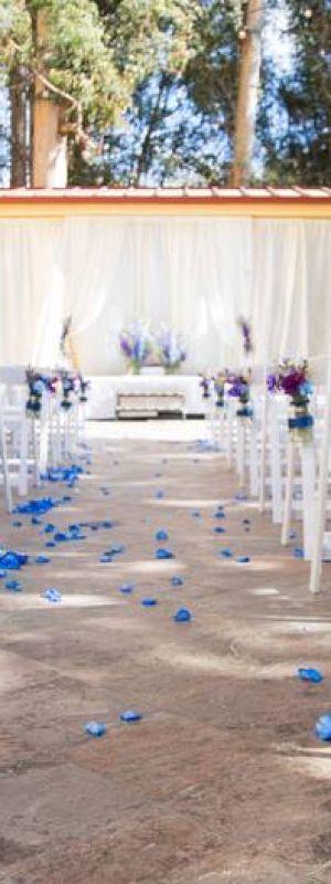 This image shows an outdoor wedding setup with white chairs, blue flower arrangements, and blue petals on the walkway, leading to an altar stage.