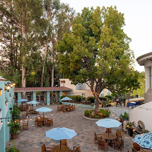 An outdoor courtyard with seating, tables with blue umbrellas, string lights, greenery, and buildings surrounding the area, featuring a prominent tree.