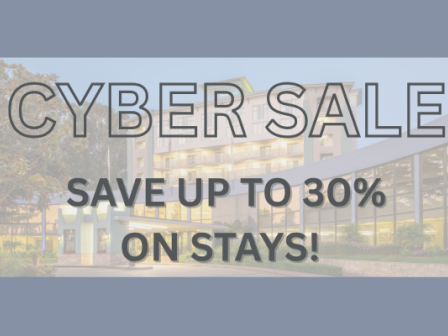 The image features a promotional text: "CYBER SALE" and "SAVE UP TO 30% ON STAYS!" over a background of a building.